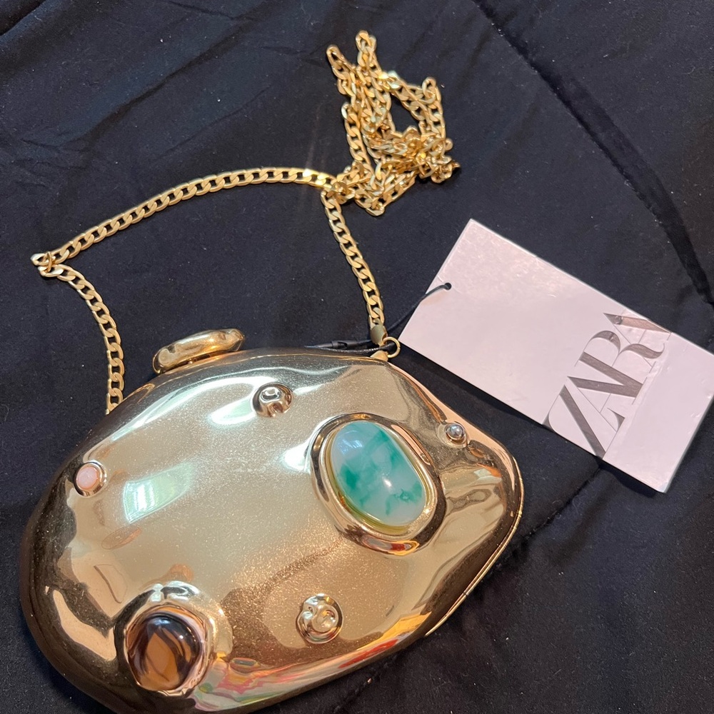 Zara Gold and Green Clutch with Gemstone Embellishments